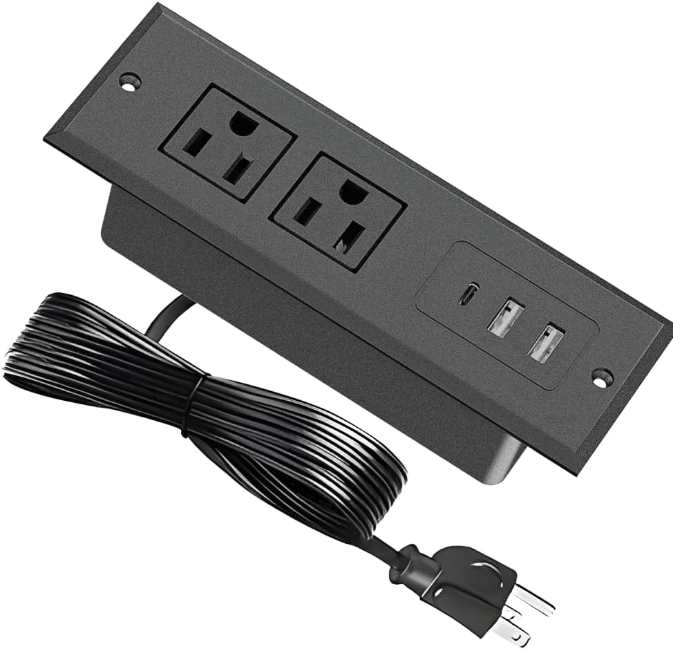 Recessed Power Strip, Flush Mount Power Adapter Charging Station with USB C Plug Multiple Surge Protector Hidden Outlet Extender with Extension Cord for Desk Furniture Table Nightstand Bed (Black)