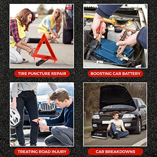 Kolo Sports Roadside Emergency Car Kit - 156-Piece Multipurpose Emergency Pack With Automotive Tools And First Aid Kit - Car Tool Kit Includes Heavy-Duty Jumper Cables And Tire Pressure Gauge #TOP5
