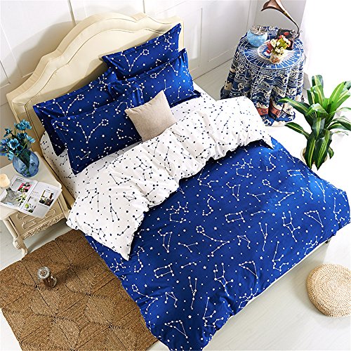 Esydream Home Bedding,Blue Color Constellation 4Pc Duvet Cover Sets,Space Style Kids Bedding Sets,Cotton & Microfiber (No Comforter),Twin Size (4Pc Set) #TOP2
