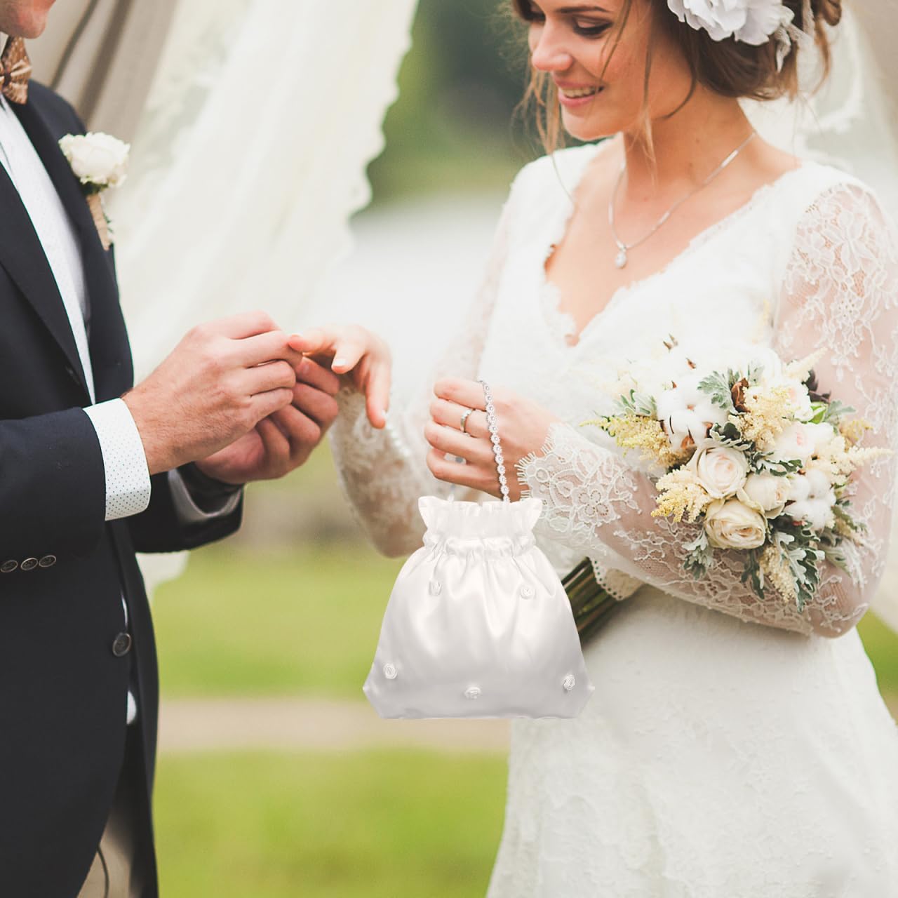 DOITOOL Bridal Dolly Bag Satin Flower Decorated Handbag for Wedding Bride Bridesmaid 8.66X8.26X0.19In Elegant Evening Purse for Wedding Day Essentials - Image 2