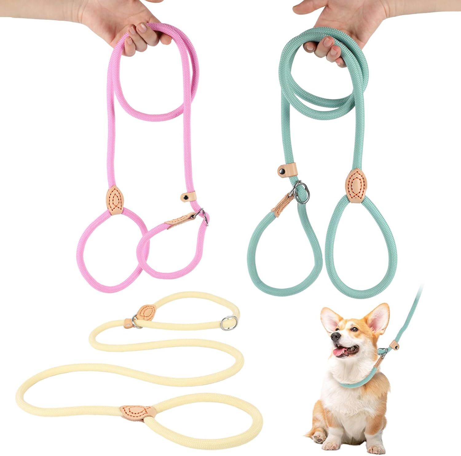 Slip Lead for Dogs, 3 Pack Slip Leads for Small Medium Large Dogs, Adjustable Dog Slip Collar for Training and Walking, Lightweight Nylon Rope Leash Set in Teal Pink Yellow, 6mm x 150cm Each