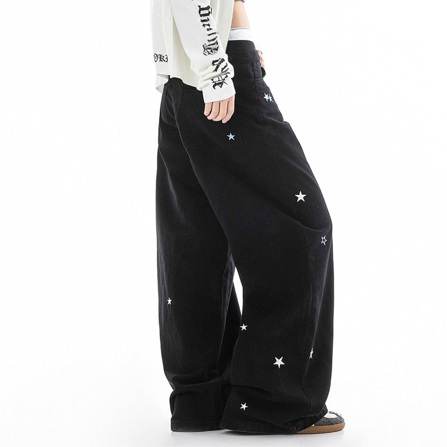 Star Jeans for Women Girls Baggy Cute Patchwork Denim Pants Y2k High Waisted Jeans Grunge Aesthetic Clothes: Black3 Small