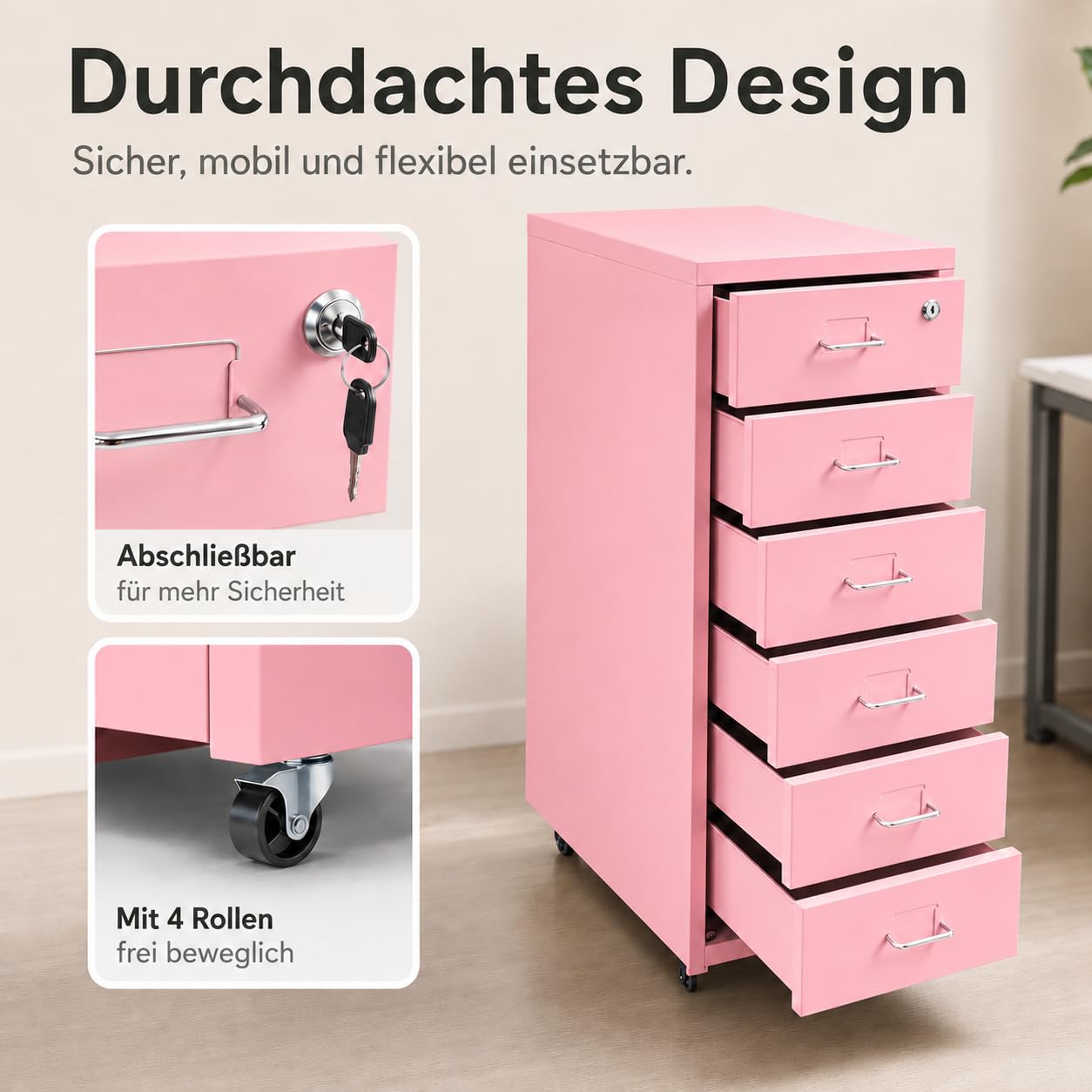 Armoire de bureau verrouillable - En métal - Avec tiroirs et 6 niveaux - Pour bureau - Rose