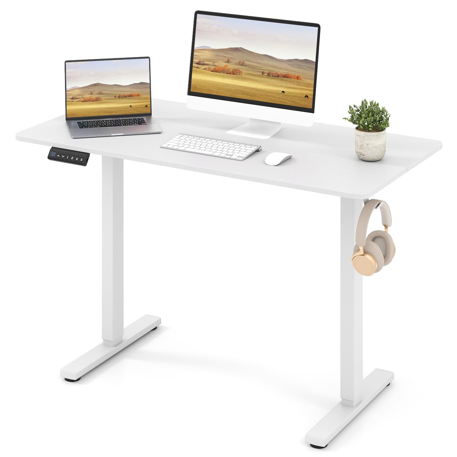 COSTWAY Höhenverstellbarer Schreibtisch 120 x 60 cm, elektrischer Stehschreibtisch mit Haken & Kabelmanagement, Steh-Sitz Tisch mit Memory Funktion & Kollisionschutz, Computertisch (Weiß)