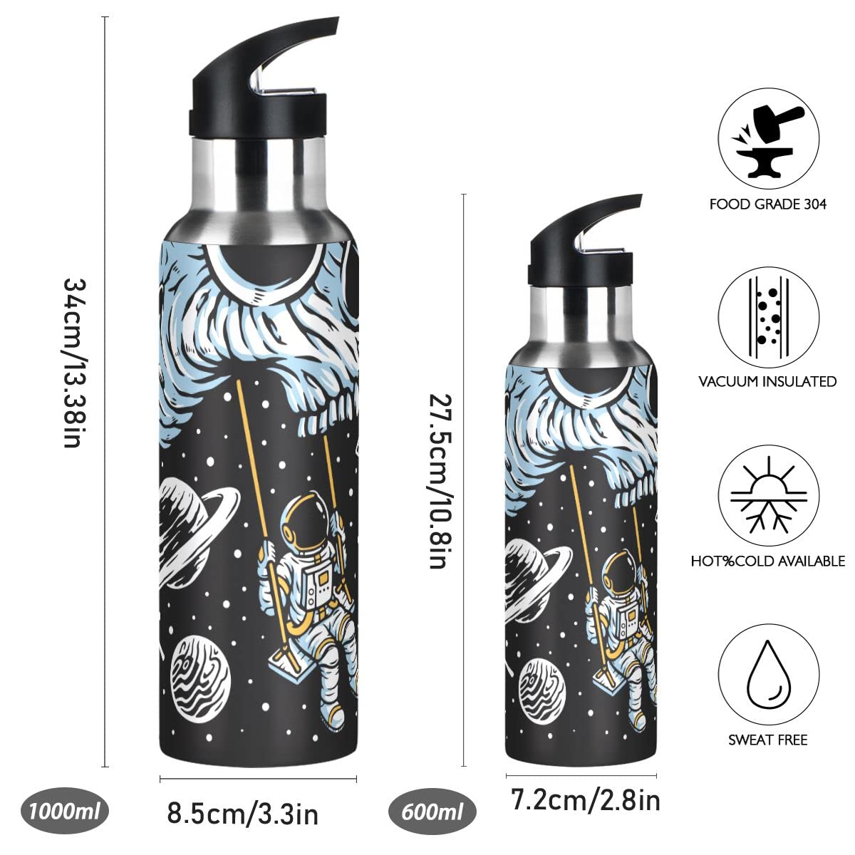 Edelstahl Wasserflasche mit Strohhalm, Spielen Schaukel auf Schädel Planet Isolierte Trinkflasche Sport Wasserflasche für Kinder Erwachsene, auslaufsicher, 1L