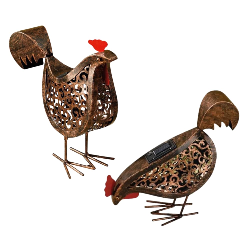 Garden Mile Lot de 2 sculptures d'animaux de jardin en métal effet bronze avec lumières LED à effet silhouette alimentées par énergie solaire Sculptures de poules pour jardin extérieur Résistantes à