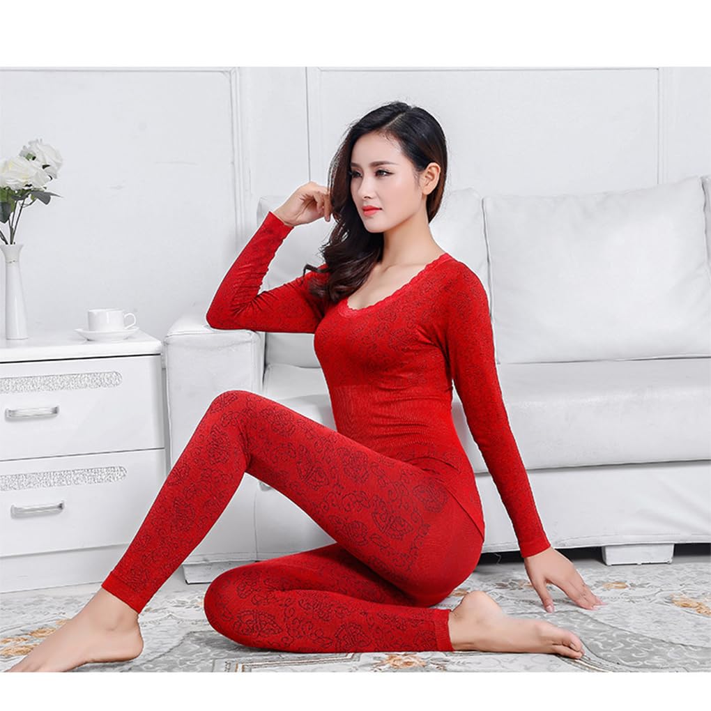 Ropa interior térmica elástica de encaje para mujer, de manga larga, sin costuras, ropa cálida para mujer, pijama rojo
