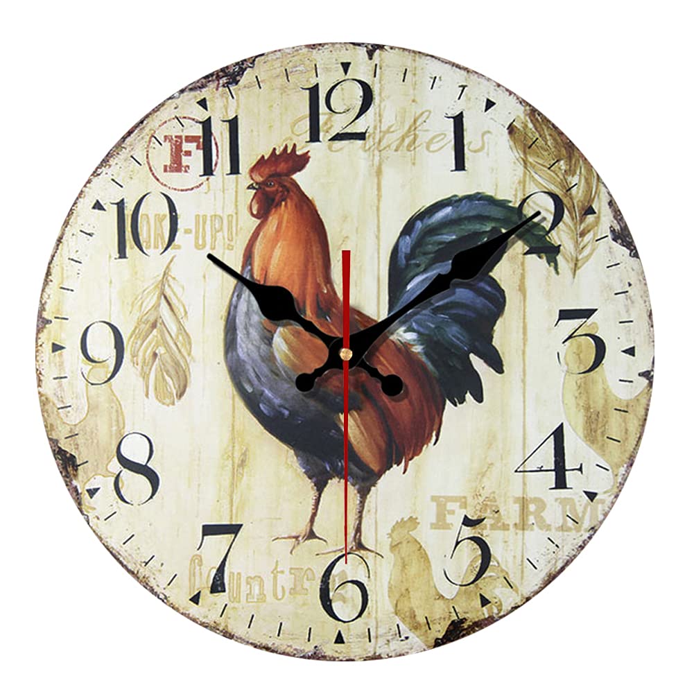 European Style Country Golden Rooster Wall Clock Wooden MDF Silent Art Decor for Home Living Room Office Decoration (16inch)