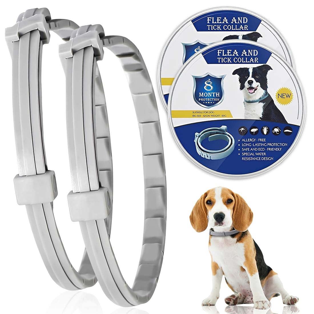 2 Piezas Collar Antiparasitario Perros,Collar Perro Pequeño,Mosquitos,Ácaros y Piojos,Para Animales Pequeños,Medianos y Grandes(Gris)