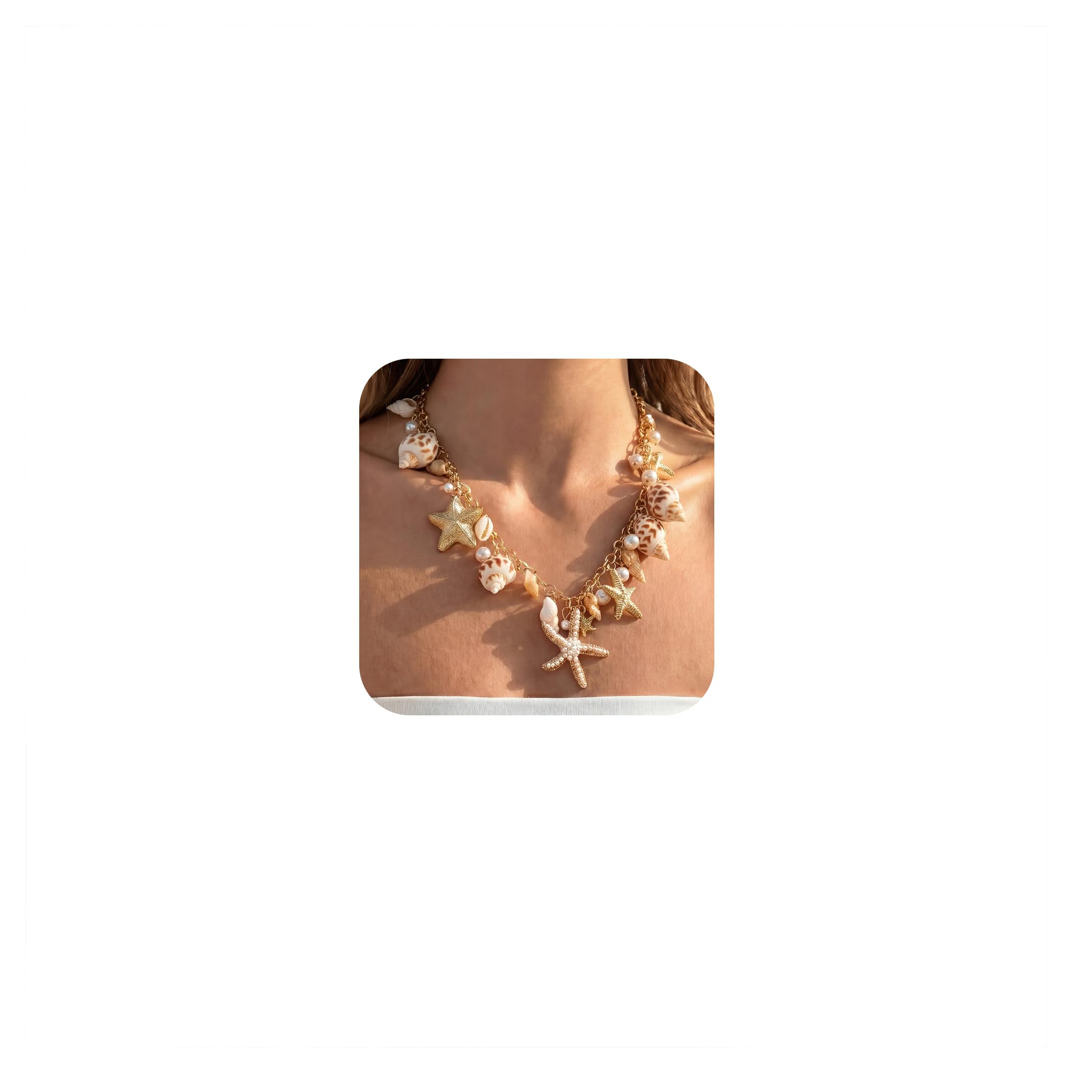 Shell Starfish Necklace for Women, Gold Plated Boho Layered Pendant Necklace with Pearl Conch Charm, Dainty Coastal Summer Beach Vacation Jewelry Gifts — view 11