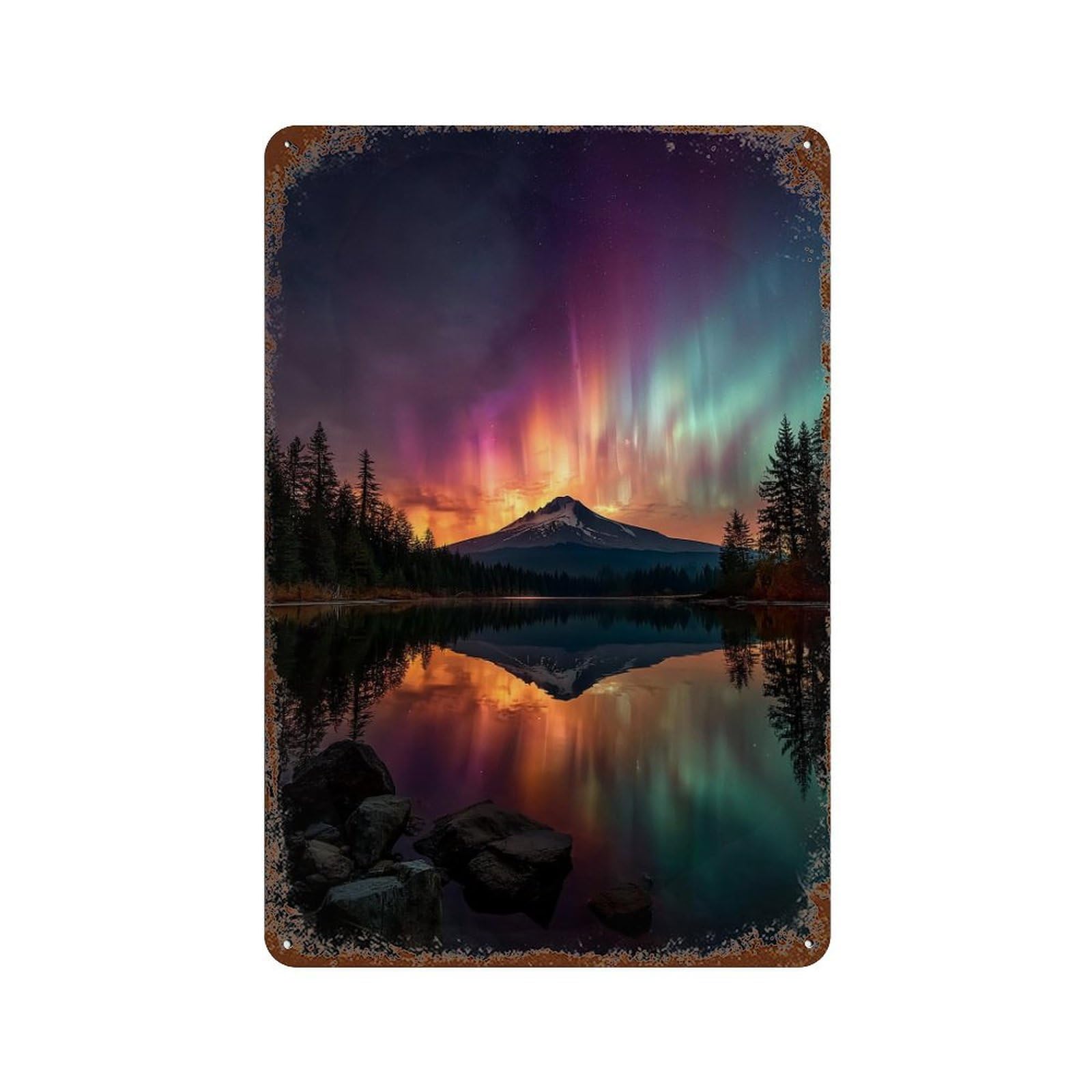 Aurora Borealis Reflections-2 Aged Metal Wall Plaque 11.8"x7.9", for Pub, Kitchen And Man Cave Decor, Decorative Metal Wall Art