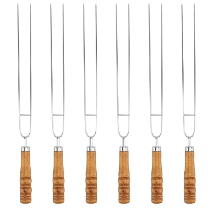 DOITOOL Barbecue Skewers for Gill Stainless Steel Kabob Skewers for Grilling 6pcs 2-Prong Barbecue Skewers Roasting Stick Fork Outdoor BBQ Tools with Wooden Handle