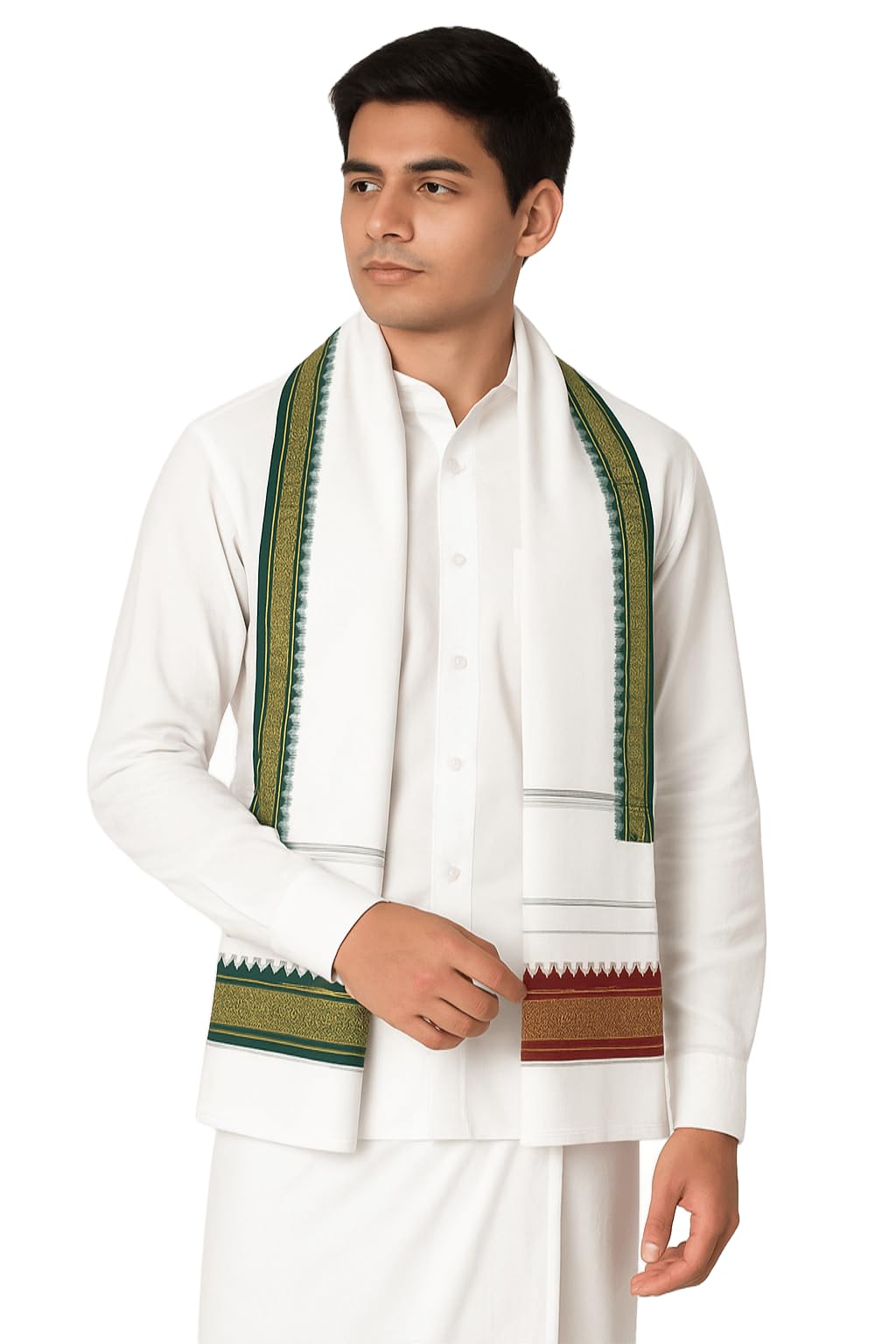 VANDNA INTERNATIONALTRADERS "Men’s Traditional Off-White Ethnic Scarf/Stole – Soft Cotton Blend Uparna with Green & Gold Woven Border – Festival & Ceremony Wear"-picture-40