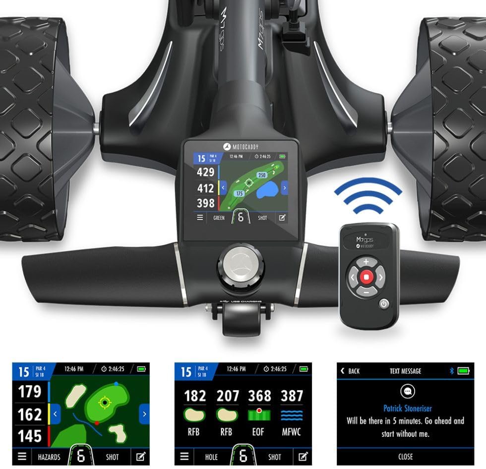 Motocaddy M7 GPS touchscreen interface with remote