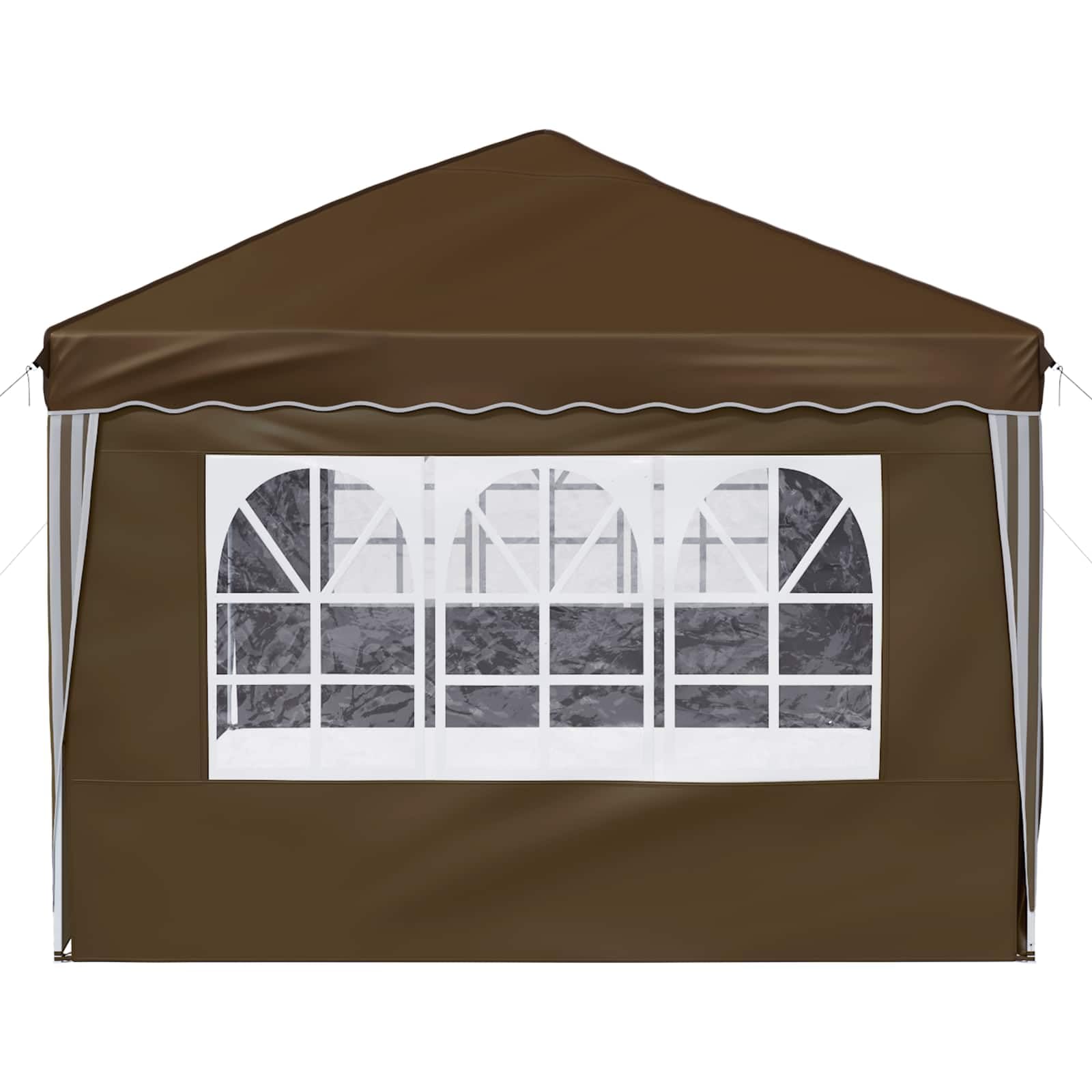 Pop-up namiot imprezowy w kolorze taupe, 575 x 288 x 245 cm, z malowaną proszkowo stalową ramą, 3-stopniowa regulacja wysokości, odporny na warunki atmosferyczne, składany i składany, do