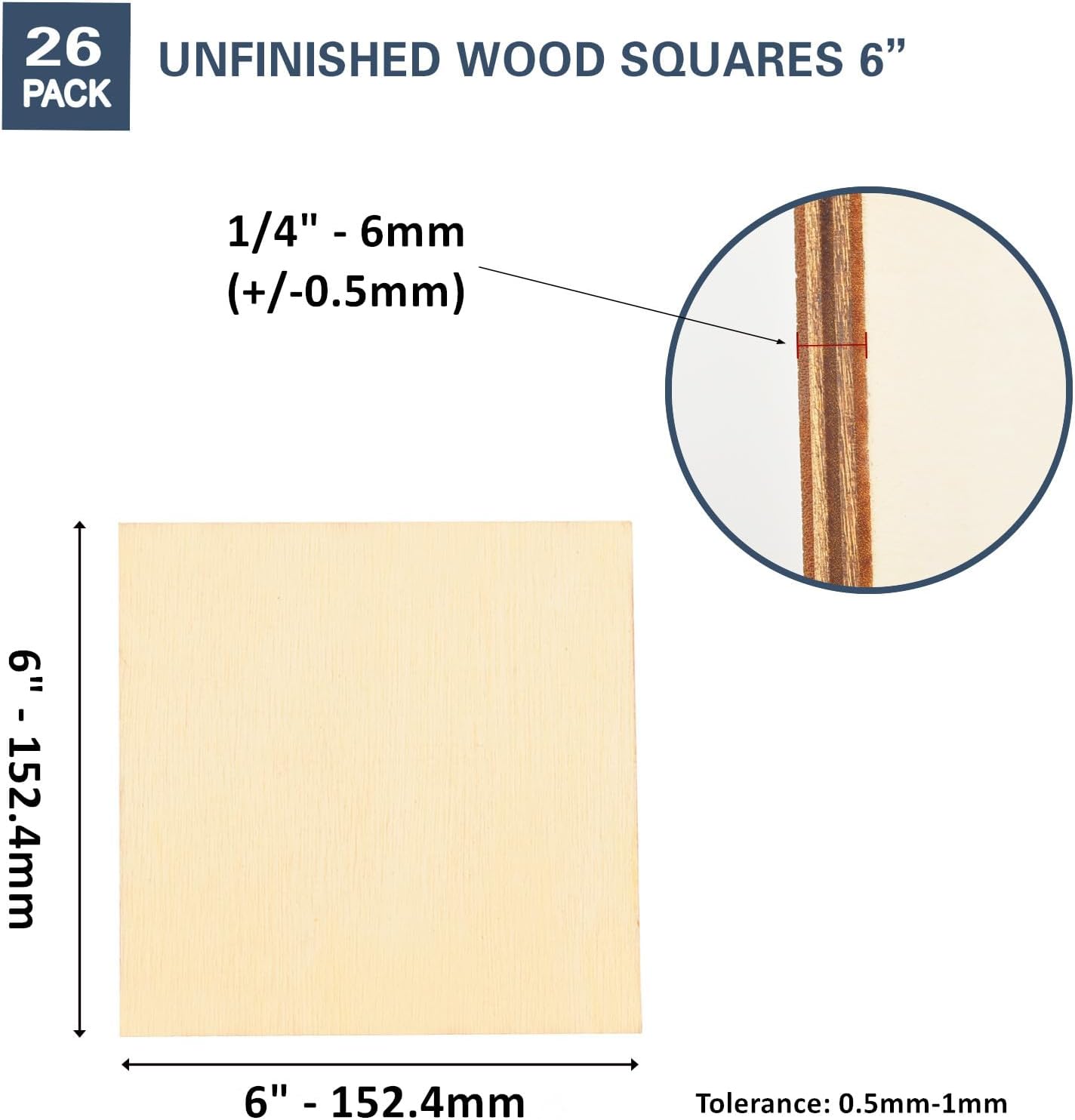 [Upgraded] Artificer Wood Squares, 6x6 Inch 26 Pack 1/4" Thick Unfinished Wooden Boards for Scrabble Tiles Blank Plywood Sheets Cutouts Small Painting Canvas Panels for Crafts, Wood Burning, Coasters