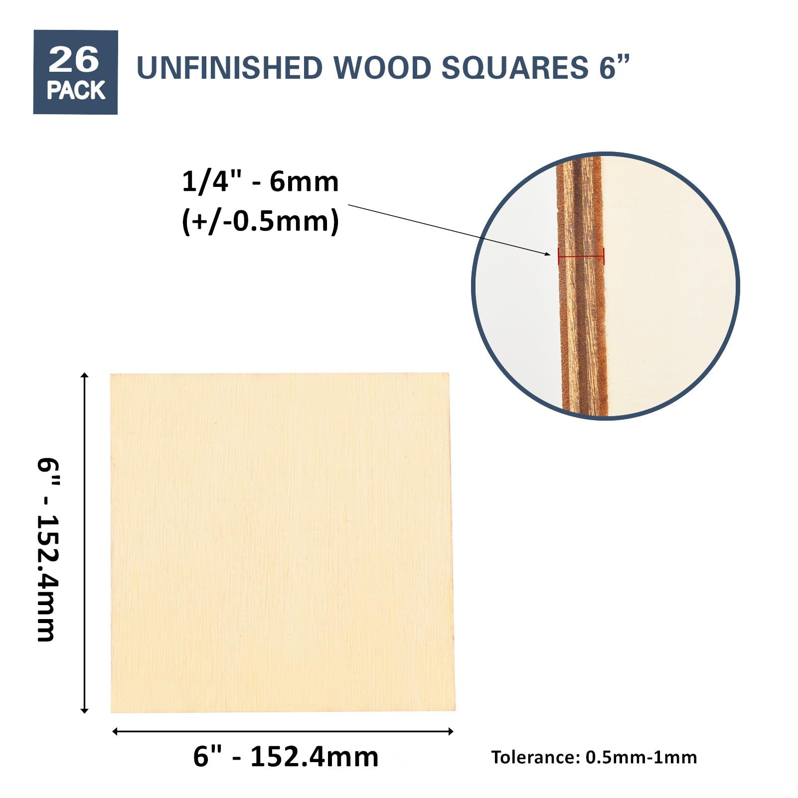 [Spessore Aumentato] Artificer 26 Pezzi 6mm Spesso Fogli di Legno Quadrati - 15 x 15 cm - Pannelli di Compensato di Balsa Grezzo per Pittura, Pirografia, Incisione al Laser, Decorazioni e Artigianato