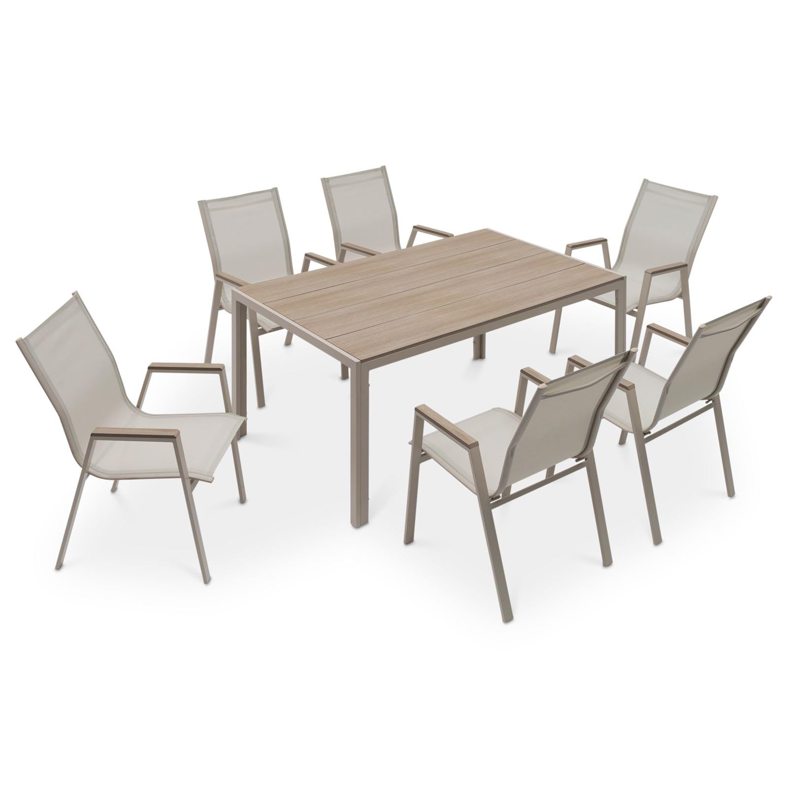 Gartenmöbel Set MONDELLO mit 6 Stühlen, Champagner - Gartentisch 150x90 cm mit 6 Gartenstühlen, Stahlgestell pulverbeschichtet, WPC-Tischplatte, Textilene Sitzfläche [max. Belastbarkeit 120 kg]