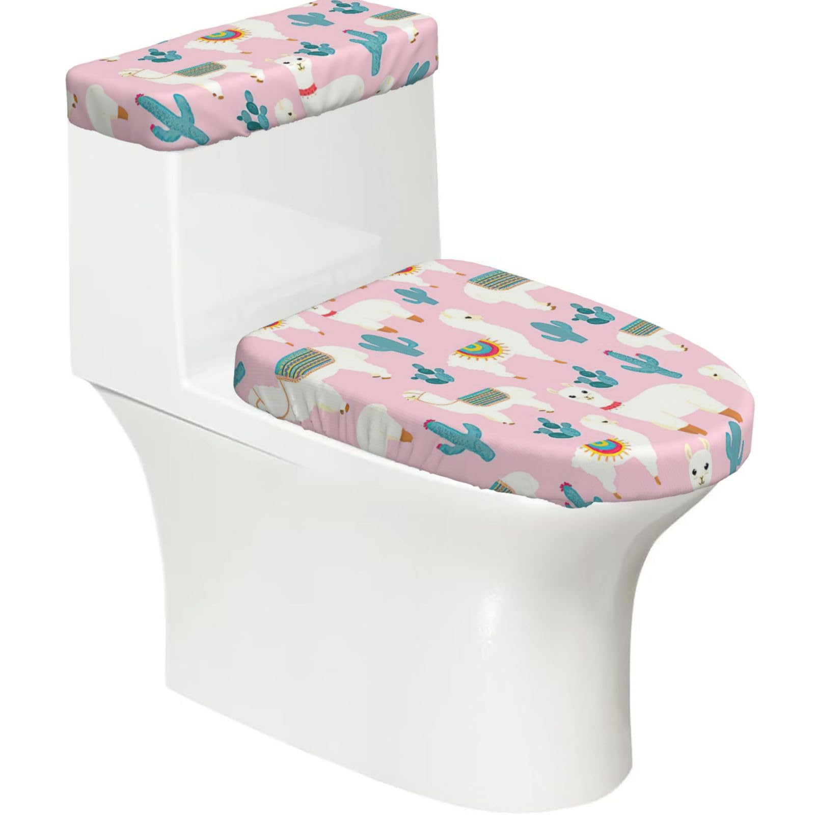 Llama Cactus Print 2-Piece Stretch Toilet Cover Set, Elastic Breathable Toilet Seat and Tank Lid Protector