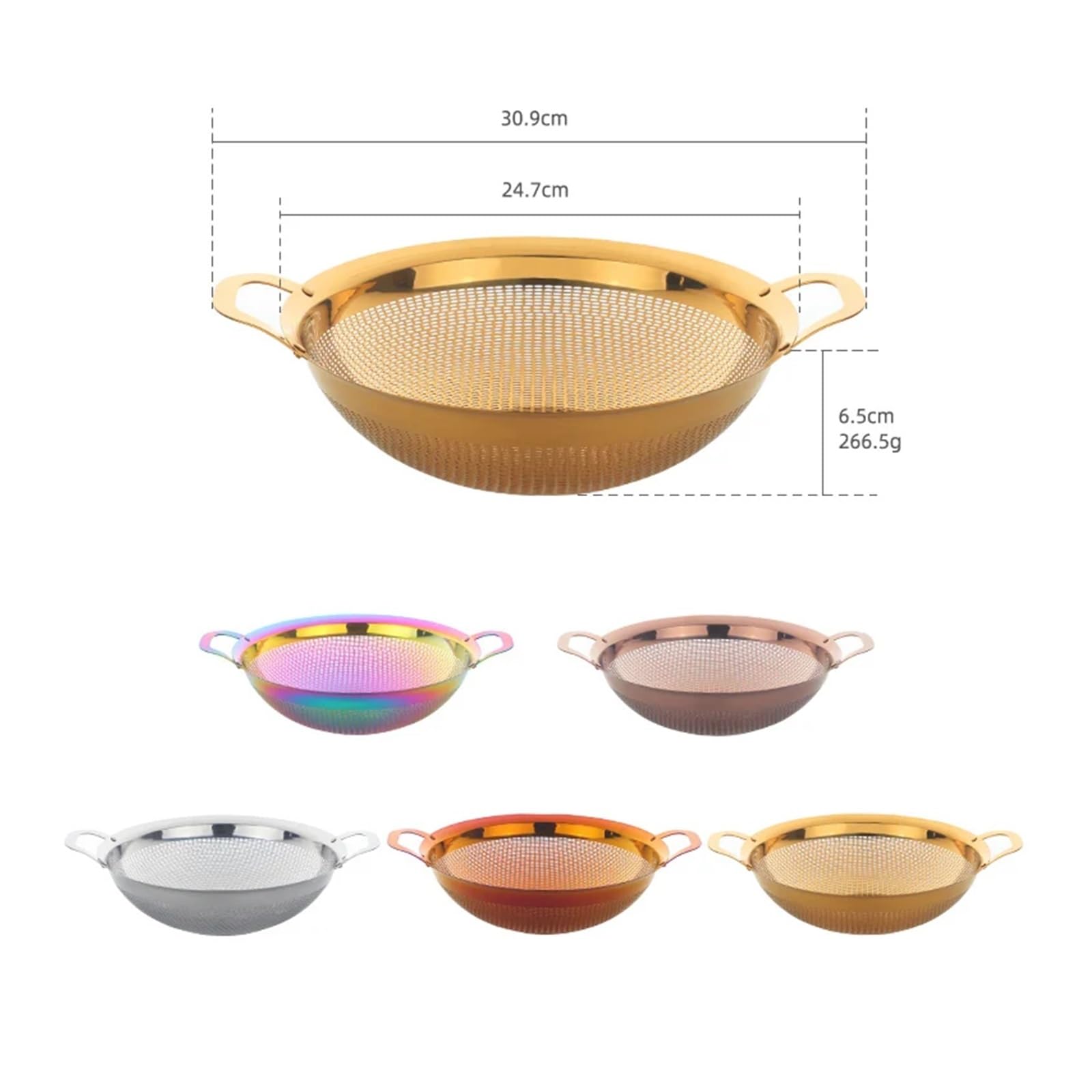 Escurridor de acero inoxidable, coladores arroz, colador frutas dorado, filtro malla for verduras con mango, herramienta cocina para Cocina(Gold)