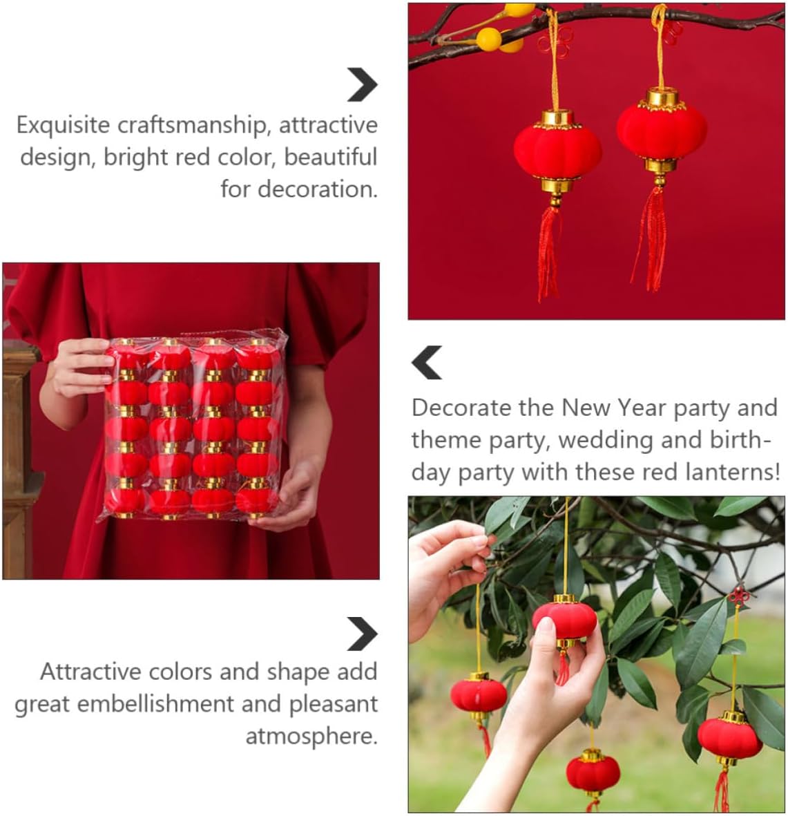 Red Flocking Cloth Lanterns 20pcs for Chinese New Year Hanging Decor