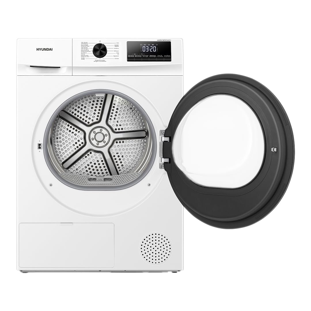 Hyundai Secadora Bomba de Calor, Secadora de Bomba de Calor, 9kg, Carga Frontal, Blanco, HSBC9DDW01. 650W, 15 Programas, Función Antiarrugas, Tambor Waterdrop, Display LED, Clase D