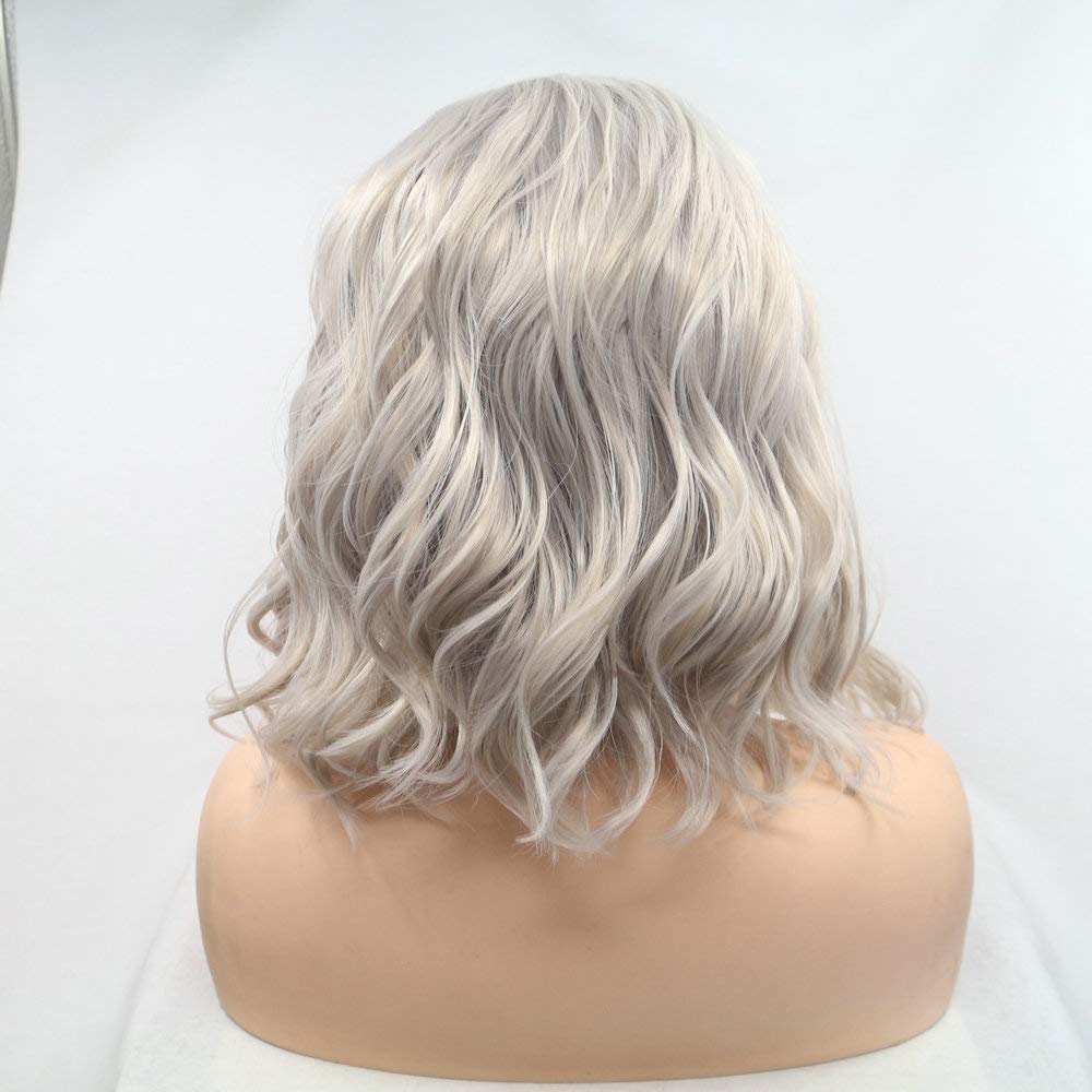 Shoulder Length Lace Front Wigs Short Bob Curly Wavy Wigs Pre Plucked Synthetic Heat Resistant Hair Natural Waves Daily Wigs for Women Cosplay (Silver Blonde) - Image 2
