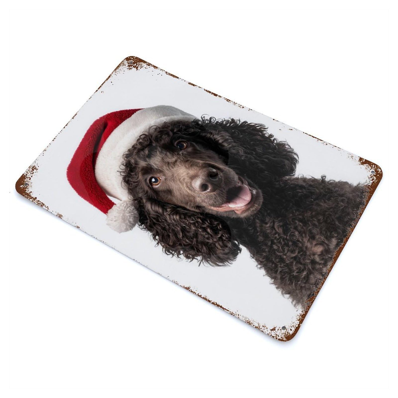 Vintage Rust Metal Sign with Irish Water Spaniel with Santa Hat Design 11.8"x7.9", for Shed, Workshop And Garage Wall Decor, Classic Wall Plaque