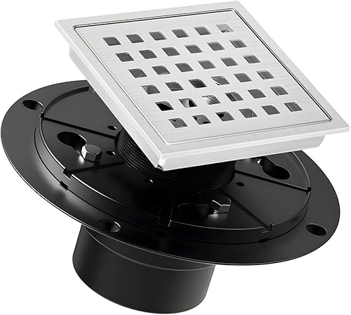 Drenaje de ducha cuadrado de 4 pulgadas cepillado con rejilla extraíble con patrón cuadrado, drenaje de piso de acero inoxidable SUS 304 con brida