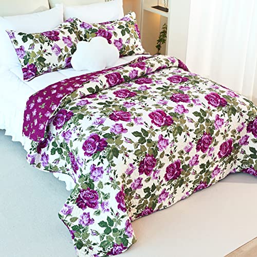 Cmfshape Purple Rose Quilt Bedding Set,Summer Quilt King Size,Comfort Brushed Microfiber Bed Cover,Floral Quilted Bedspread For All Seasons(King106 X96 Purple) #TOP2