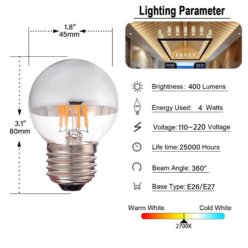 (6 szt.) Żarówki LED Półchromowane, Żarówki Edisona w stylu vintage z podstawą E26/E27, Żarówka G45 z odblaskiem półsrebrnym, Źródło światła lampy Magic Bean, 4W Możliwość ściemniania 2700K