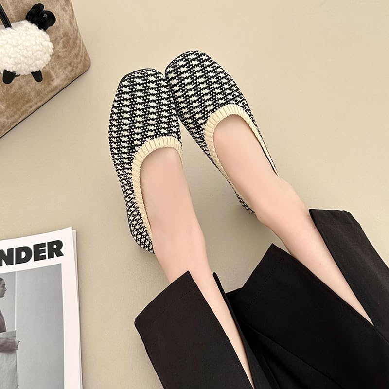 Image of RVROVIC Women's Knit Square Toe Ballet Flats, Slip‑On Casual Flat Shoes