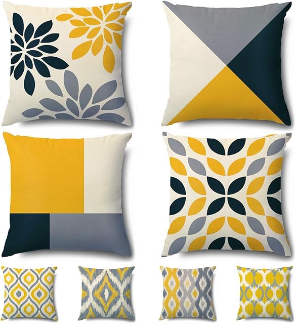 Artscope Cozy Double Sided Print Velvet Cushion Covers, 8 Diffreent Modern Patterns Soft Throw Pillow Covers for Sofa Couch Car Home Decor 45 x 45 cm, Set of 4 -Geometric Yellow Gray