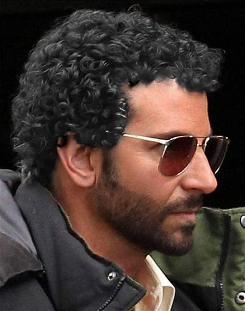 Amnenl Black Curly Short Afro Wig for Men Fluffy Synthetic California Male Hair Wigs with Cap for Halloween Daily Use