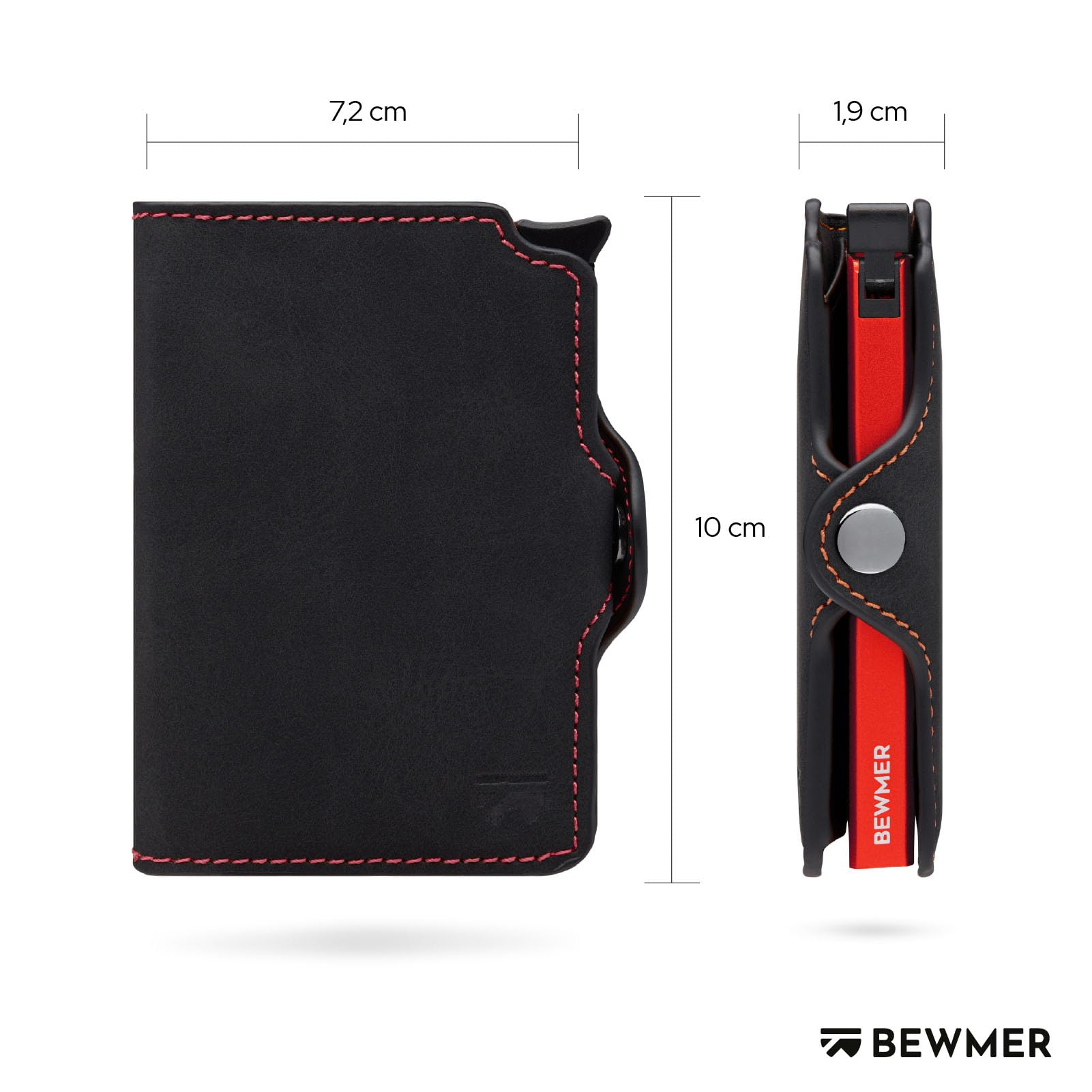 BEWMER Porta Carte di Credito 1 Schermato | Portafoglio Slim da Uomo e Donna | Porta Tessere e Documenti con Rfid Protection e Fermasoldi in Carbon Fiber (Nero e Rosso Senza ZIP)