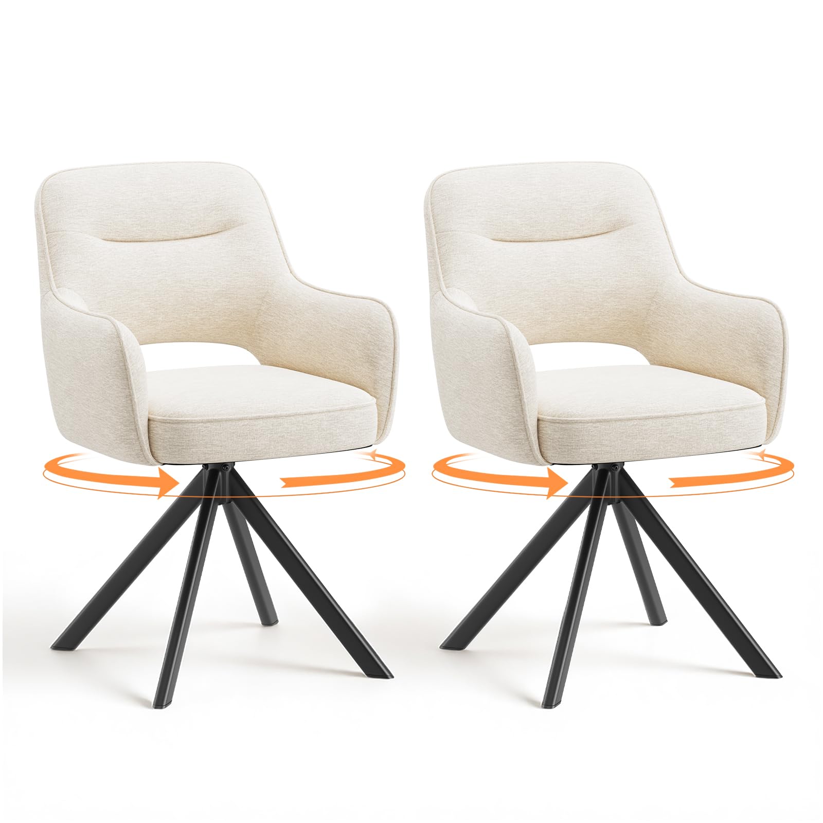COLAMY 360°Swivel Dining Chairs Set of 2, Fabric Chairs for Dining Room with Armrests, Hollow Backrest and Thick Seat Cushion, Kitchen Chair with Anti-Slip Pads, armchairs for living Room, Beige