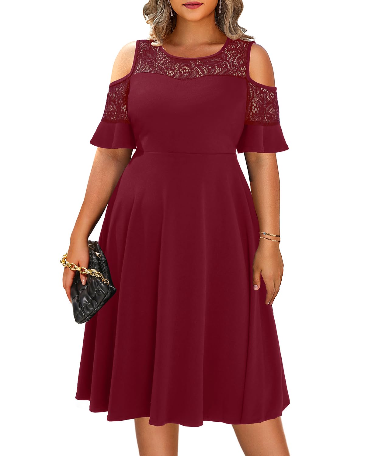 Plus Size Cocktail Dress - Graduation Cold Shoulder Lace Midi Dresses with Pockets