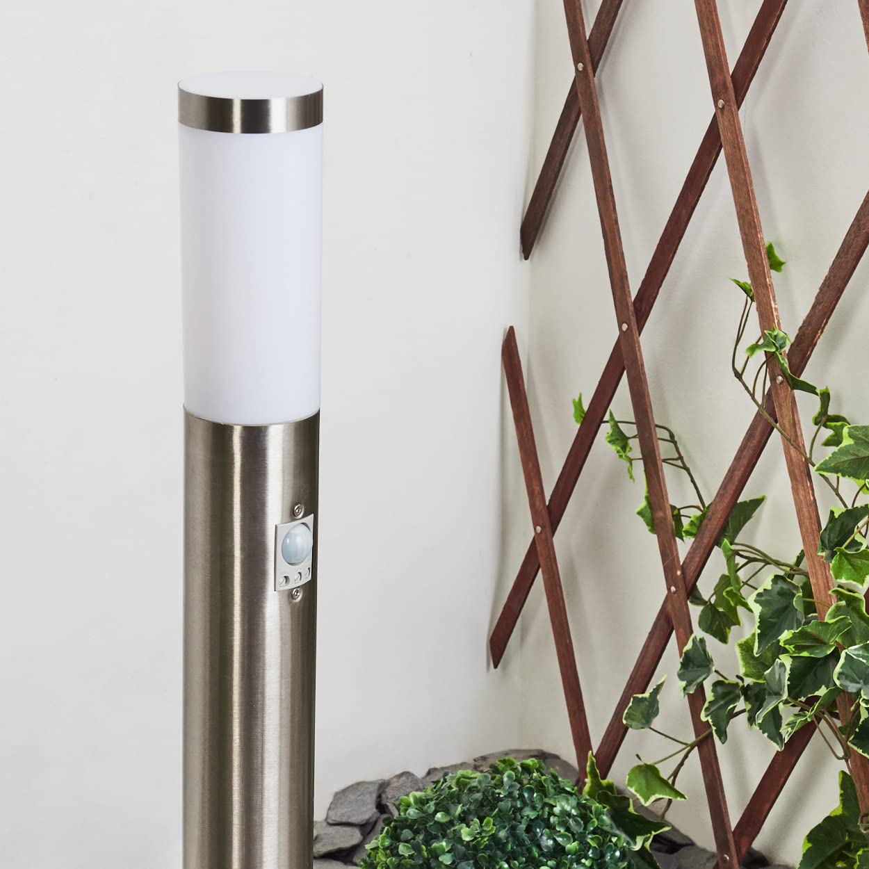 Lámpara de sendero moderna para exteriores Sessa con detector de movimiento, con base de metal/plástico en níquel mate/blanco, luz de 80 cm, lámpara/iluminación de jardín, E27, IP44, sin bombilla(s)