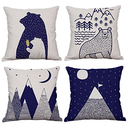 KACOPOL Woodland Style Cute Cartoon Bear & Mountain Throw Pillow Cover Cotton Linen