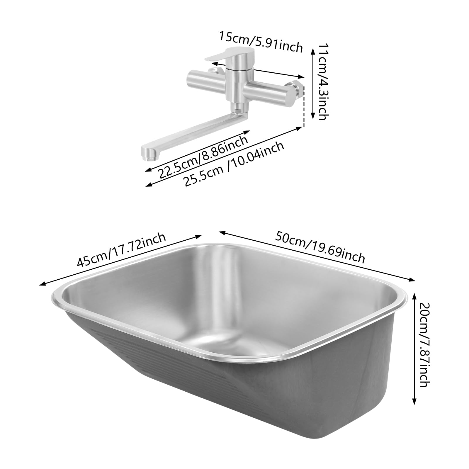 Lavello da cucina in acciaio inox con rubinetto, lavello con mensola, grande lavello da cucina da 30 l, lavello da incasso per lavanderia, balcone, cucina