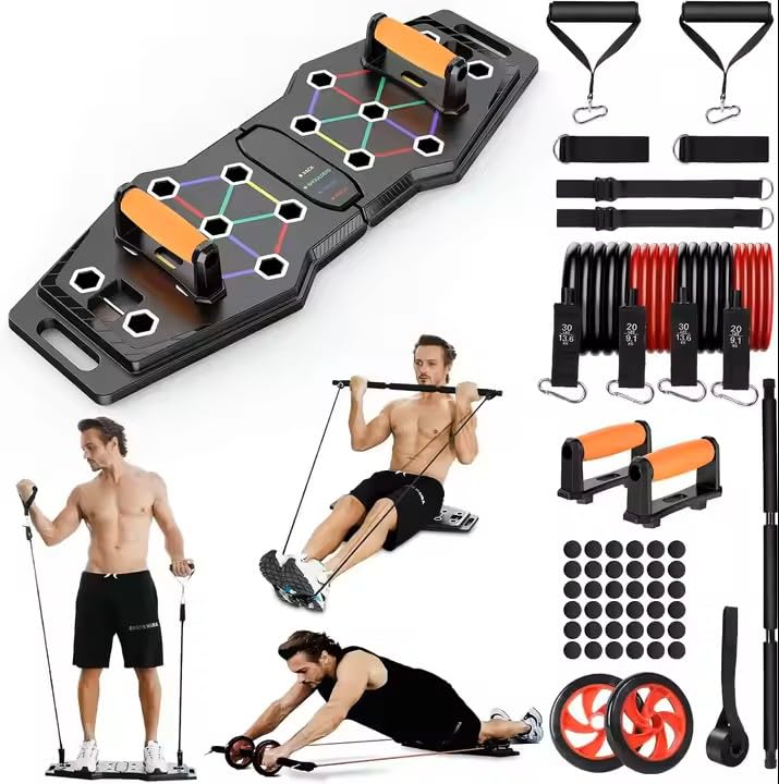 Foldable Push up Board, Portable 25-In-1 Push up Board for Men and Women | Multifunctional Exercise Equipment | Pilates equipment with Resistance Bands & Ab Wheel | Strength Training Equipment