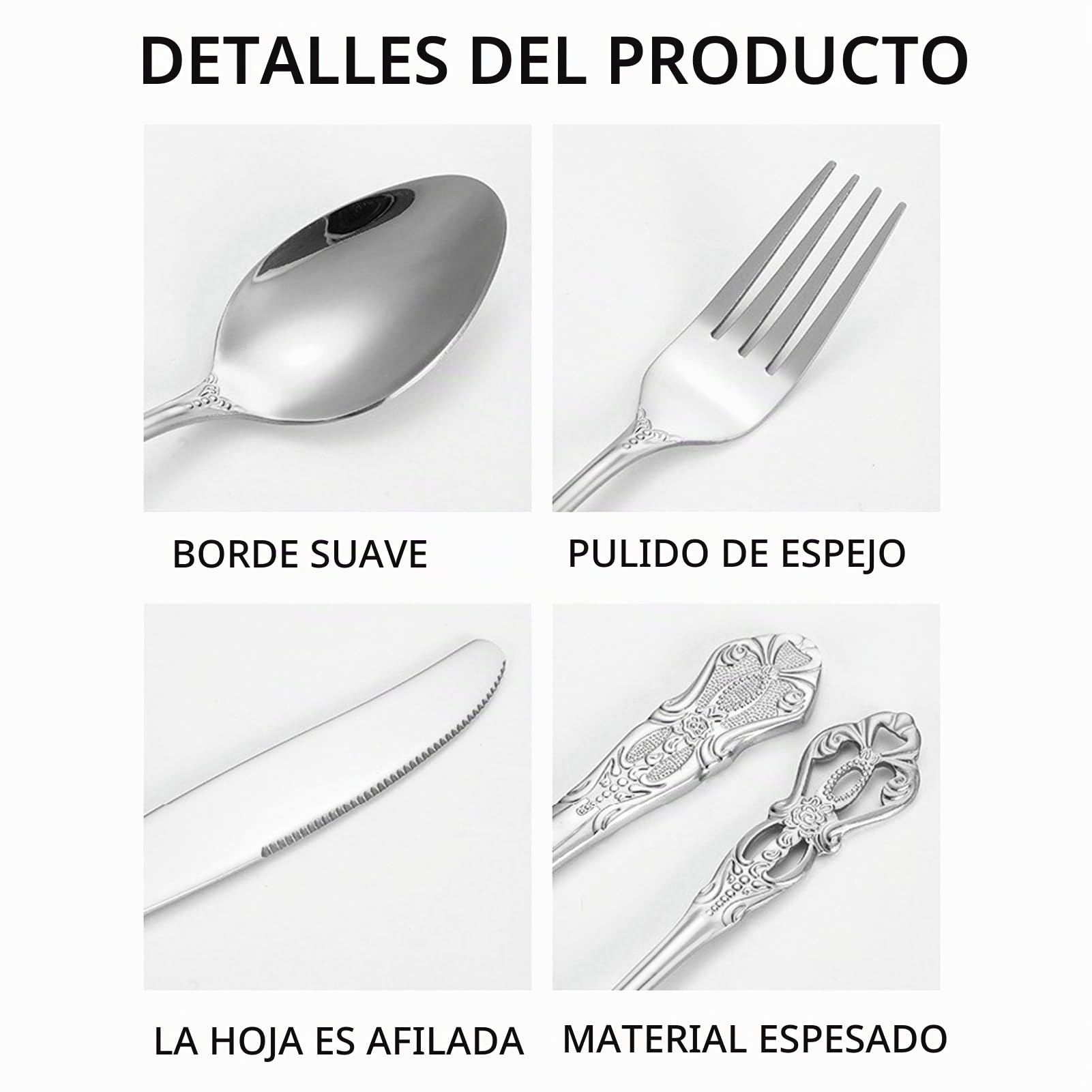 Juego de Cubiertos, Juego de Cubiertos de Acero Inoxidable Vintage Apto para Lavavajillas, 4 Tenedores para Cena, 4 Cucharas para Cena, 4 Tenedores para Ensalada, 4 Cucharas de (Plata)