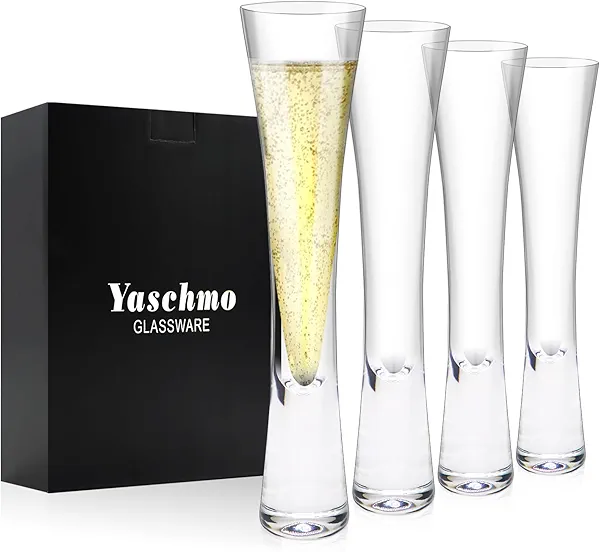 Yaschmo Champagne Flutes Set of 4, Hand Blown Crystal Champagne Glasses, Modern Unique Design, Lead-Free Prosecco Glasses, Elegant Toasting Glasses Gift for Wedding, Anniversary, Birthday, Christmas
