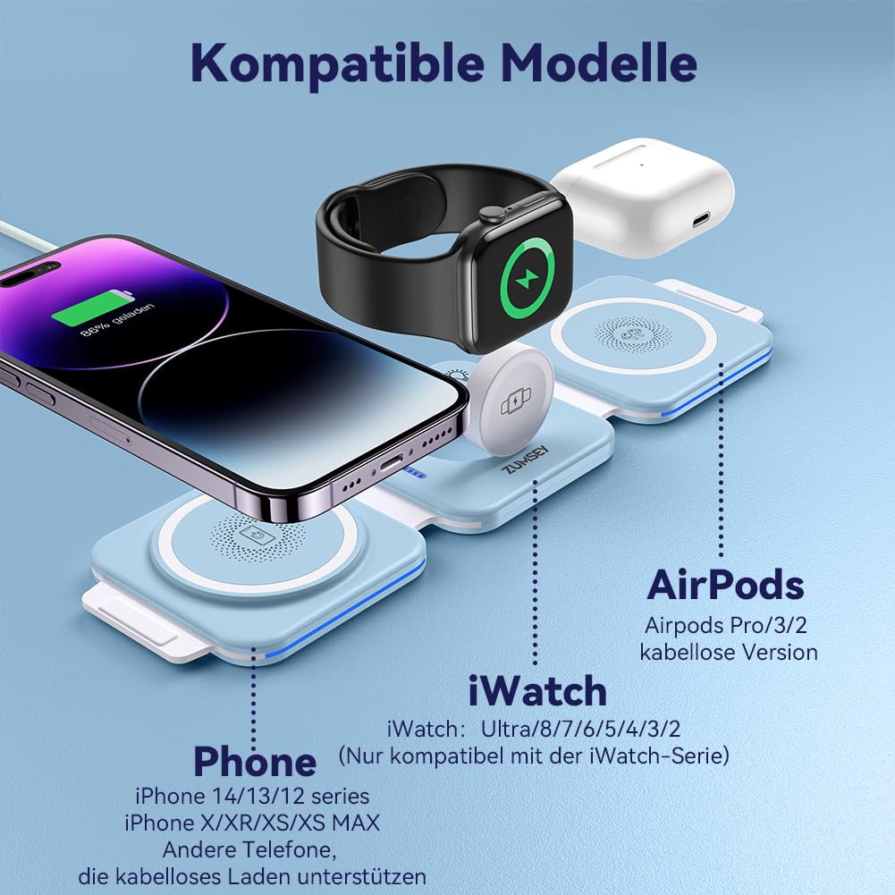 ZUMSEY Caricatore Wireless Pieghevole 3 in 1, Supporto di Ricarica Magnetico Compatibile con iPhone 15 14 13 12/Pro/Pro Max/Plus, Wireless Charger per iWatch 9/Ultra 2/8/7/6/SE/5/4, AirPods Pro/2/3