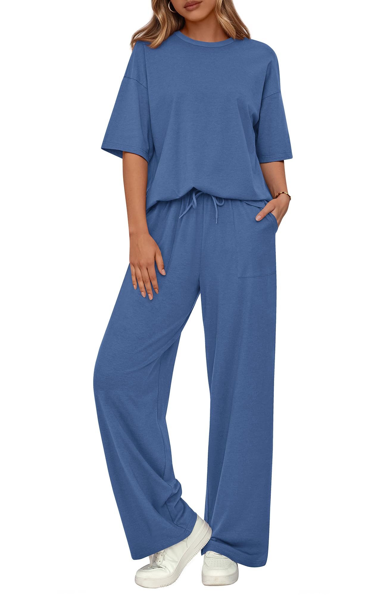 BTFBM Summer Outfits For Women 2026 Two Piece Sets Casual Short Sleeve Spring Tops Wide Leg Pants Matching Lounge Set