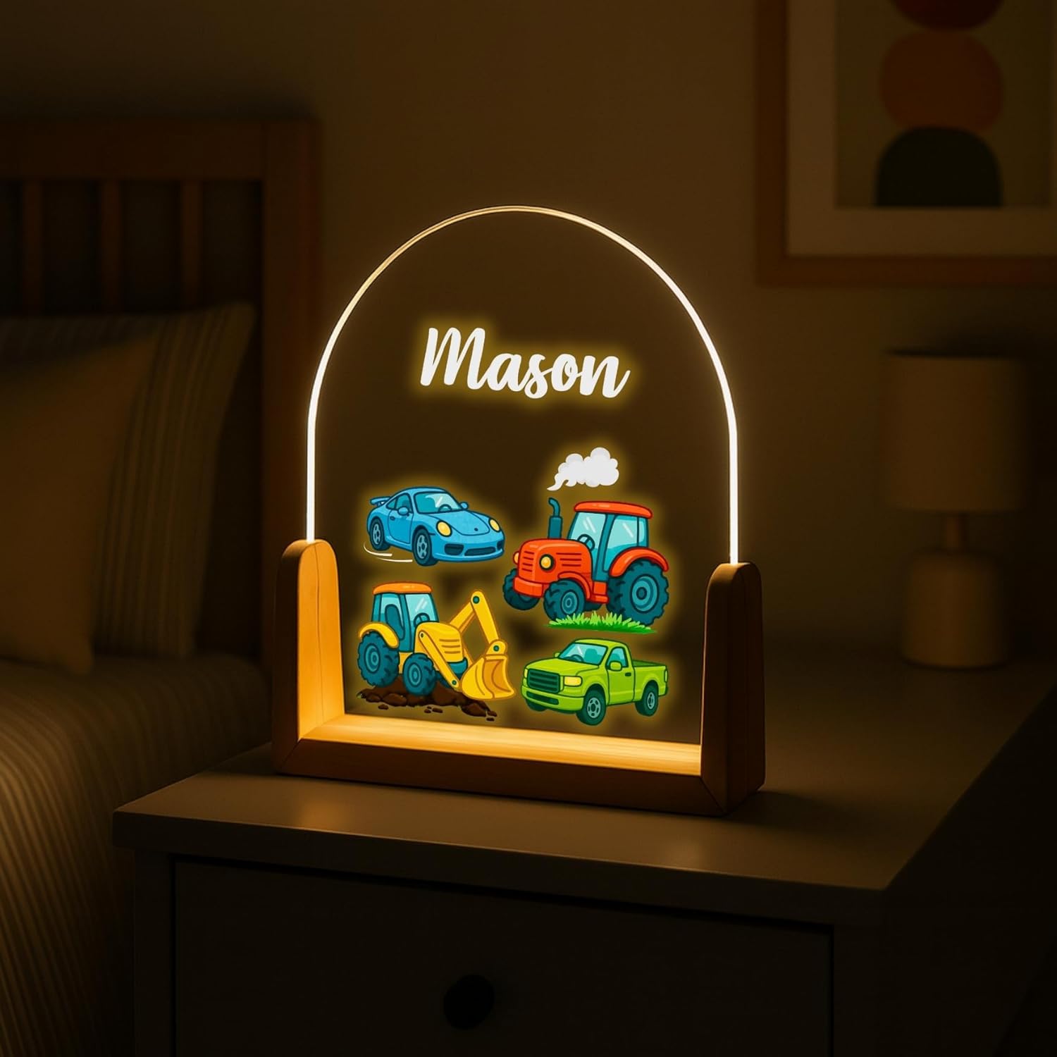 Custom Name LED Lamp with with Name - 5x7" - Cute Wooden Bedside Lamp, Toddler Nursery Decor, Nursery Decor Gift for Baby Boys and Girls, Personalized Night Light for Kids Room (Cars & Trucks)