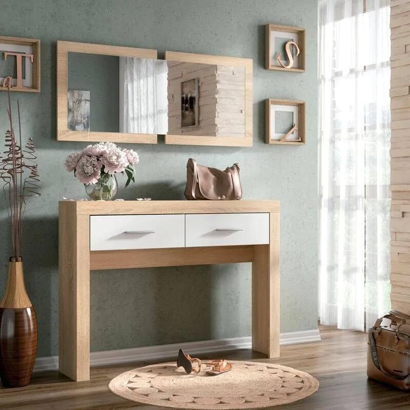 SHIITO | Recibidor con Dos cajones y Espejo Incluido | Mueble de Entrada | Color Cambrian y Blanco - 115 x 26 x 85 cm | Modelo Ambar