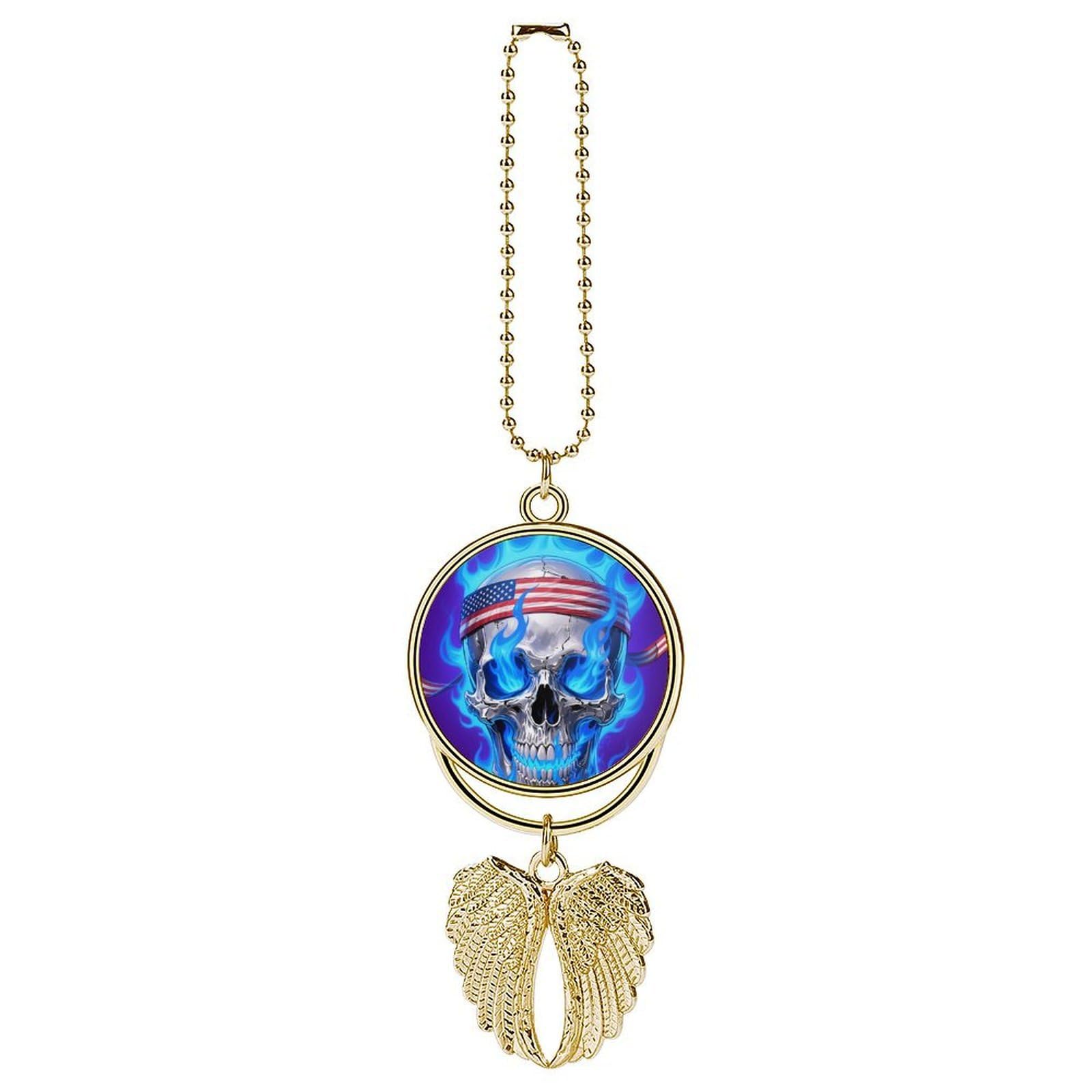 Fire USA Flag Skull Guardian Angel Wing Car Ornament for Mirror, Zinc Alloy Hanging Charm with Spiritual Design for Protection, Rearview Mirror Accessory Decor Gift for Women Men(Golden)