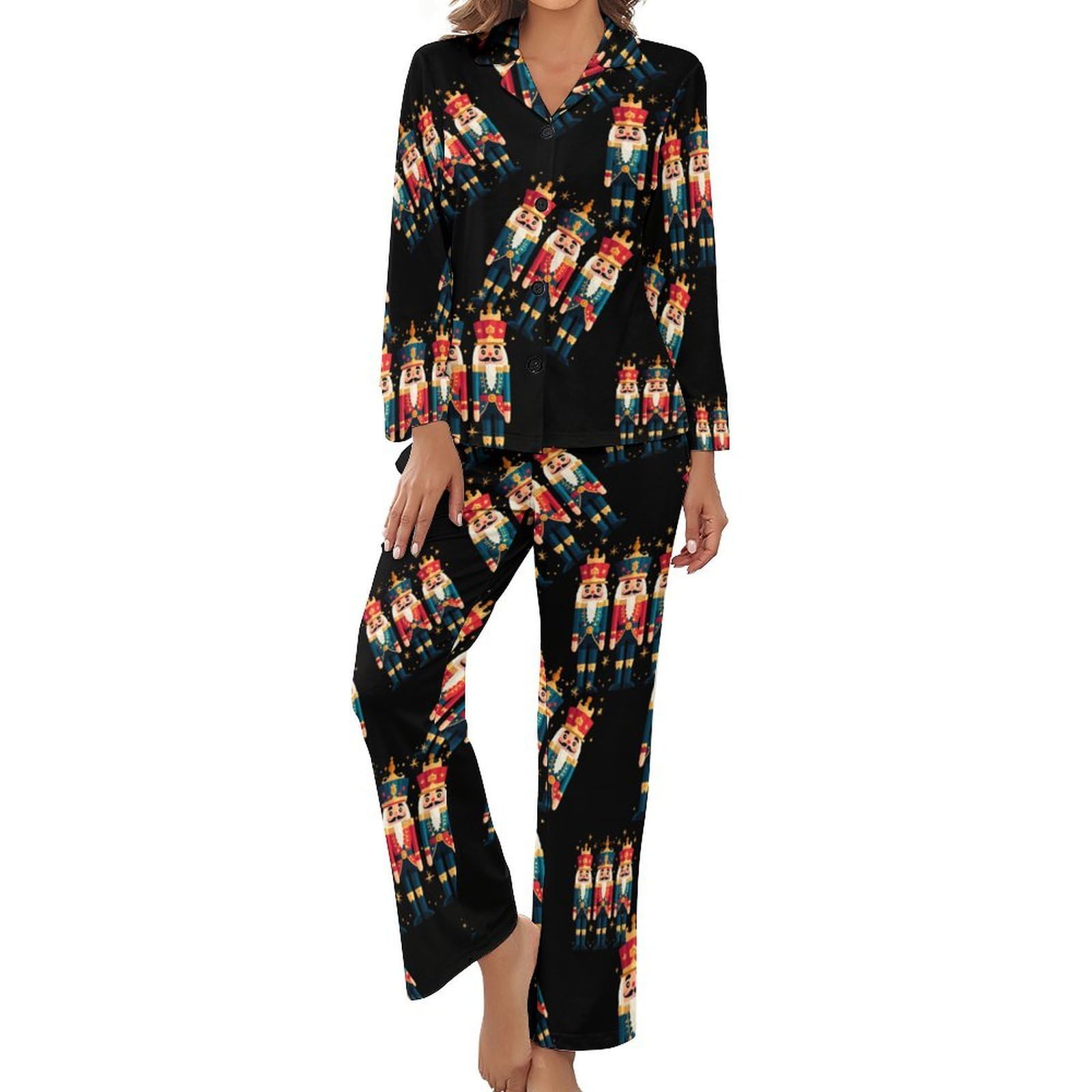 Three Nutcracker - Conjunto de pijama vintage para mujer, cuello en V, manga larga, pantalones y pantalones cómodos, ropa de dormir suave