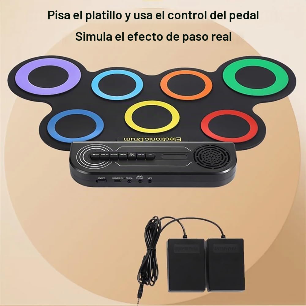 NEWFUN Bateria Electrica, Almohadilla de Práctica para Batería Enrollable con 7 Almohadillas de Silicona con Mazas y Pedal para Principiantes